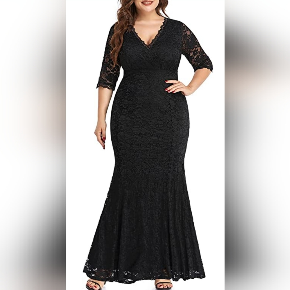 NWT Black floral lace wrap mermaid style dress